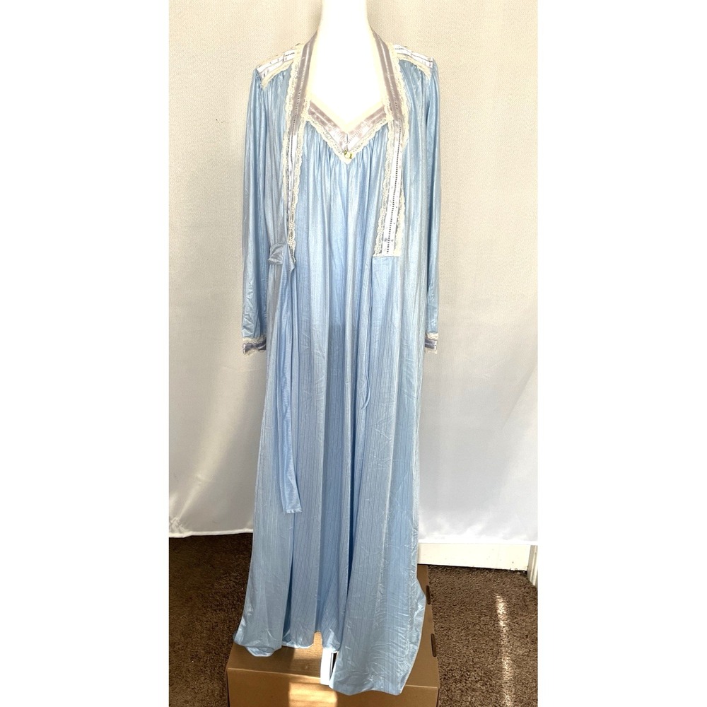 Vintage 70's Tom Bezduda for‎ Barad Two Piece Satin Peignoir Set USA Blue Med - Picture 11 of 16